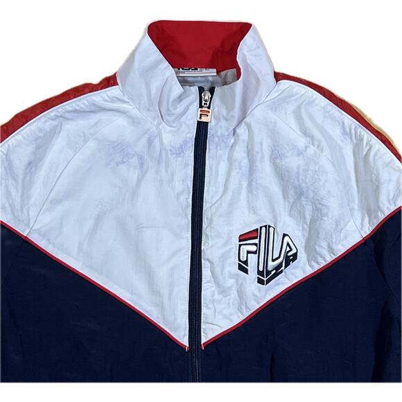 VTG Fila Track Jacket Navy White Red Full Zip Mock Neck Nylon Logo Retro Mens M - Picture 3 of 14